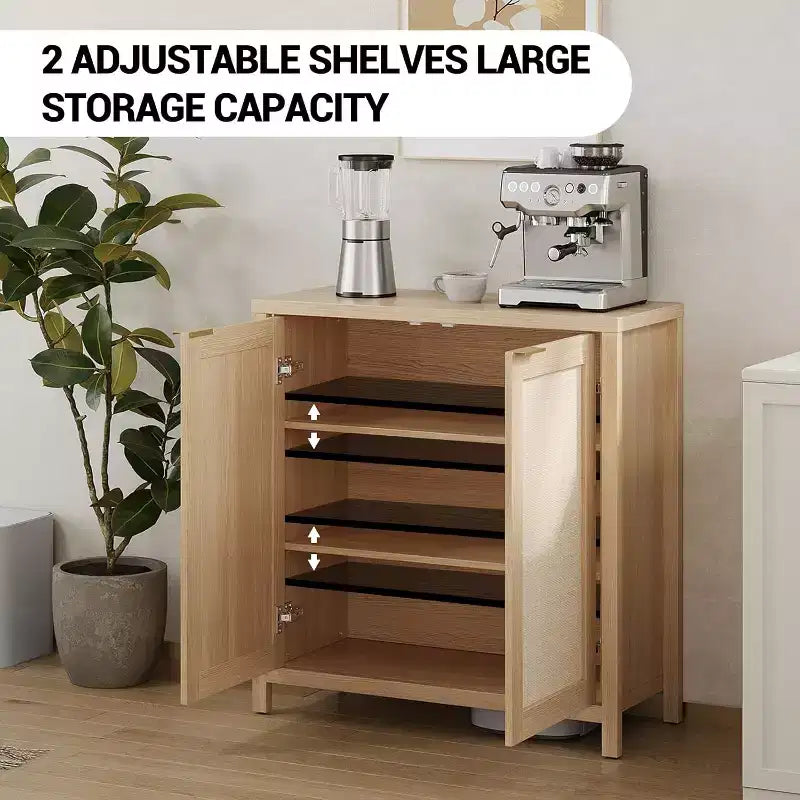 Mobiletto portaoggetti in vimini con ante e ripiani regolabili, Credenza moderna/Credenza da pranzo adatta per soggiorno, sala da pranzo