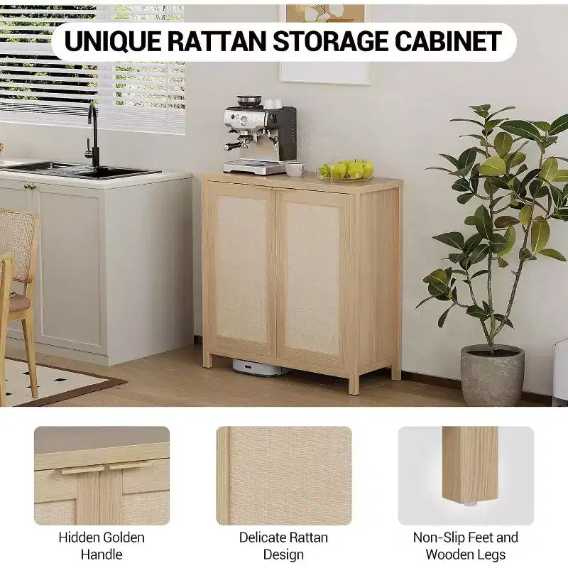 Mobiletto portaoggetti in vimini con ante e ripiani regolabili, Credenza moderna/Credenza da pranzo adatta per soggiorno, sala da pranzo