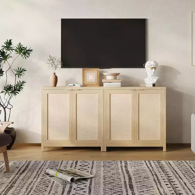 Mobiletto portaoggetti in vimini con ante e ripiani regolabili, Credenza moderna/Credenza da pranzo adatta per soggiorno, sala da pranzo