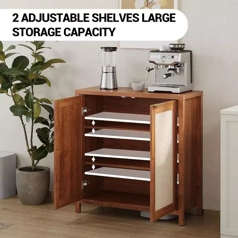 Mobiletto portaoggetti in vimini con ante e ripiani regolabili, Credenza moderna/Credenza da pranzo adatta per soggiorno, sala da pranzo