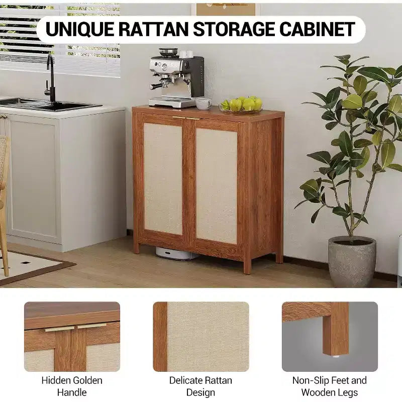 Mobiletto portaoggetti in vimini con ante e ripiani regolabili, Credenza moderna/Credenza da pranzo adatta per soggiorno, sala da pranzo