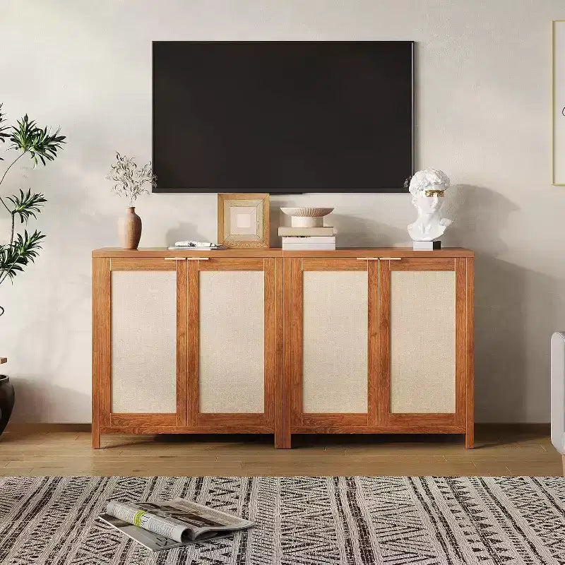 Mobiletto portaoggetti in vimini con ante e ripiani regolabili, Credenza moderna/Credenza da pranzo adatta per soggiorno, sala da pranzo