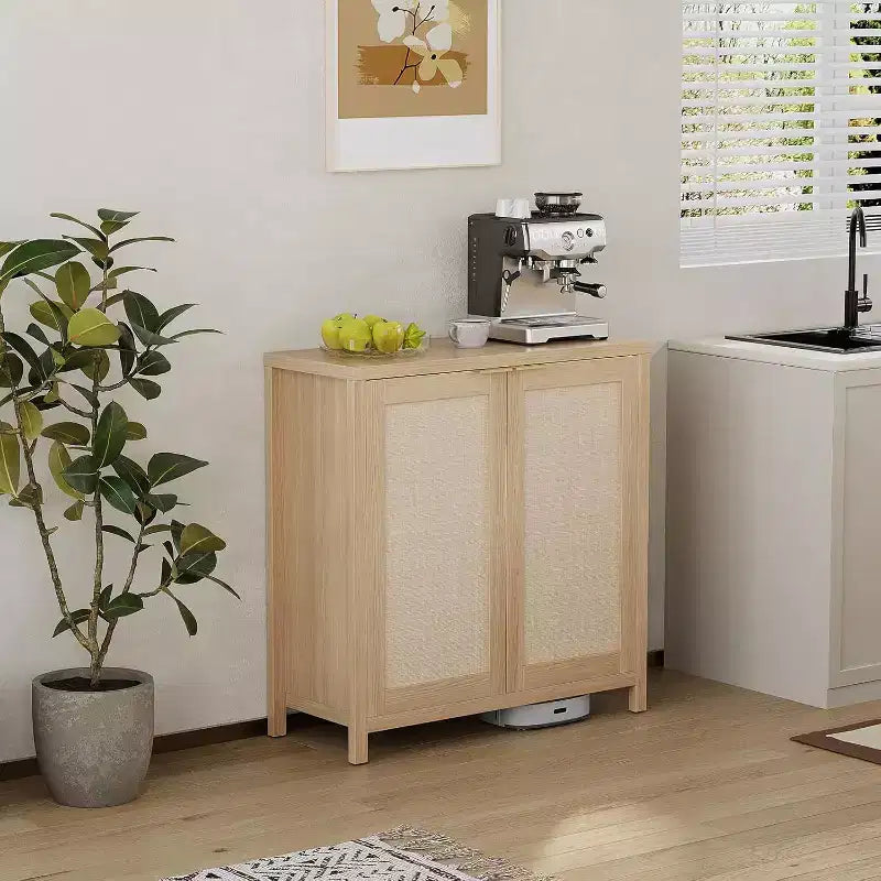 Mobiletto portaoggetti in vimini con ante e ripiani regolabili, Credenza moderna/Credenza da pranzo adatta per soggiorno, sala da pranzo