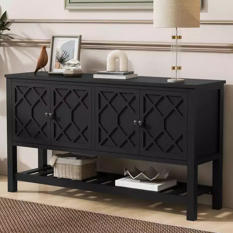 Clihome Geometric Entryway Table with Polygonal Pattern Doors, Modern Console Table with Bottom Shelf