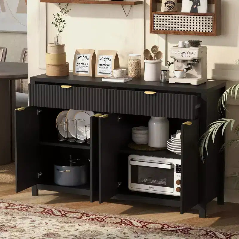 Clihome Modern Wave-Pattern Sideboard Cabinet,Multi-Purpose Fluted Cabinet, Kitchen Storage with Drawers & Adjustable Shelves for Kitchen, Dining Room