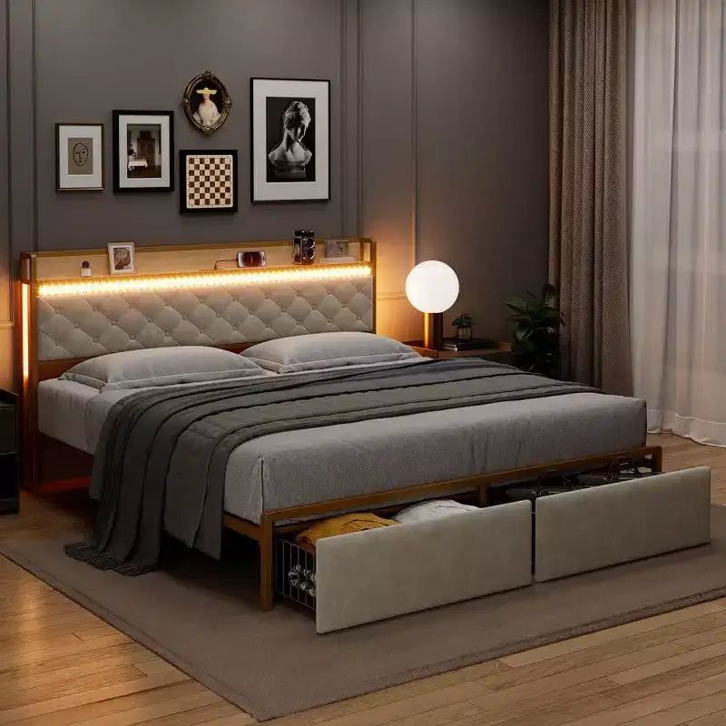 Struttura Letto con Testiera Contenitore, Letto in Metallo a Piattaforma con Stazione di Ricarica e 2 Cassetti, Nessuna Molla Richiesta