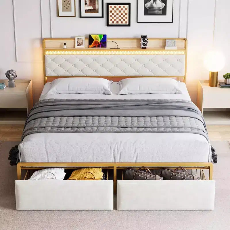 Bed Frame with Storage Headboard, Platform Metal Bed with Charging Station & 2 Drawers, No Box Spring Needed