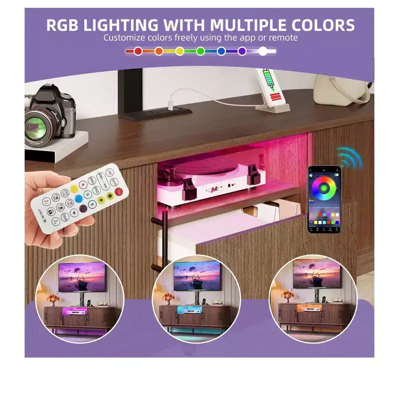 Mobile TV Scanalato con Supporto per TV da 32-70 pollici, Mobile TV Scanalato Regolabile in Altezza con Prese di Corrente e Luce LED per Soggiorno