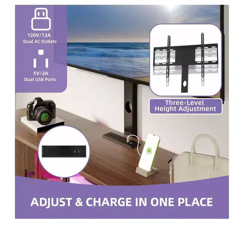 Mobile TV Scanalato con Supporto per TV da 32-70 pollici, Mobile TV Scanalato Regolabile in Altezza con Prese di Corrente e Luce LED per Soggiorno