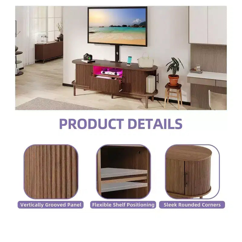 Mobile TV Scanalato con Supporto per TV da 32-70 pollici, Mobile TV Scanalato Regolabile in Altezza con Prese di Corrente e Luce LED per Soggiorno