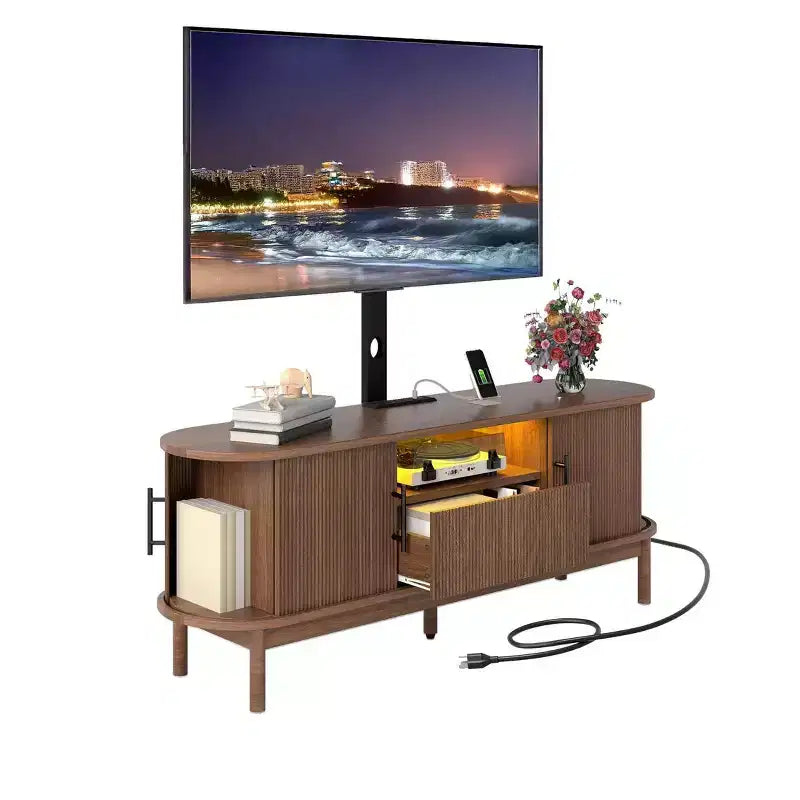 Mobile TV Scanalato con Supporto per TV da 32-70 pollici, Mobile TV Scanalato Regolabile in Altezza con Prese di Corrente e Luce LED per Soggiorno