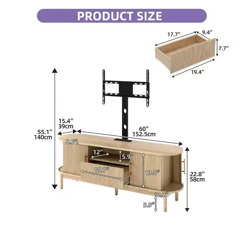 Mobile TV Scanalato con Supporto per TV da 32-70 pollici, Mobile TV Scanalato Regolabile in Altezza con Prese di Corrente e Luce LED per Soggiorno