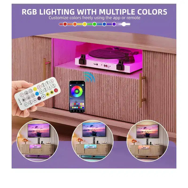 Mobile TV Scanalato con Supporto per TV da 32-70 pollici, Mobile TV Scanalato Regolabile in Altezza con Prese di Corrente e Luce LED per Soggiorno
