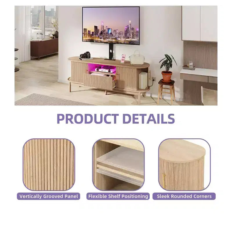 Mobile TV Scanalato con Supporto per TV da 32-70 pollici, Mobile TV Scanalato Regolabile in Altezza con Prese di Corrente e Luce LED per Soggiorno