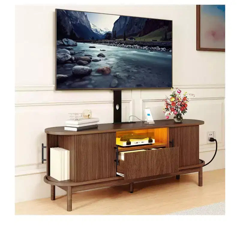 Mobile TV Scanalato con Supporto per TV da 32-70 pollici, Mobile TV Scanalato Regolabile in Altezza con Prese di Corrente e Luce LED per Soggiorno