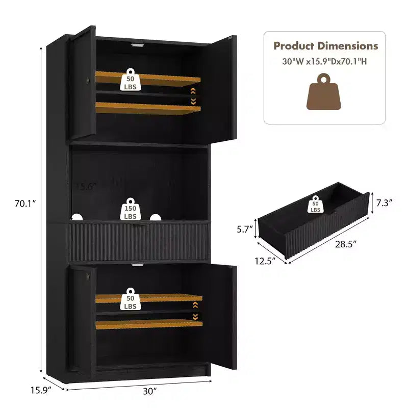 Dispensa alta da cucina, Mobile dispensa da 178 cm con ripiano, Mobili da cucina con ante e cassetto a scanalature, Credenza indipendente