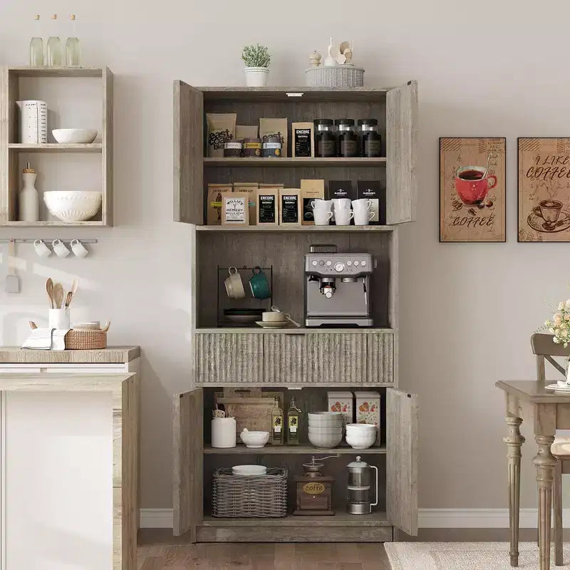 Dispensa alta da cucina, Mobile dispensa da 178 cm con ripiano, Mobili da cucina con ante e cassetto a scanalature, Credenza indipendente