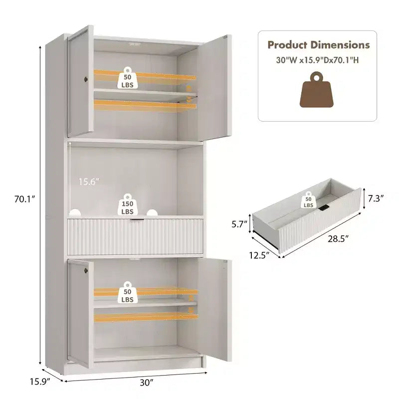 Dispensa alta da cucina, Mobile dispensa da 178 cm con ripiano, Mobili da cucina con ante e cassetto a scanalature, Credenza indipendente