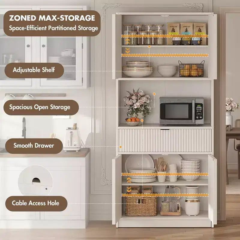 Dispensa alta da cucina, Mobile dispensa da 178 cm con ripiano, Mobili da cucina con ante e cassetto a scanalature, Credenza indipendente