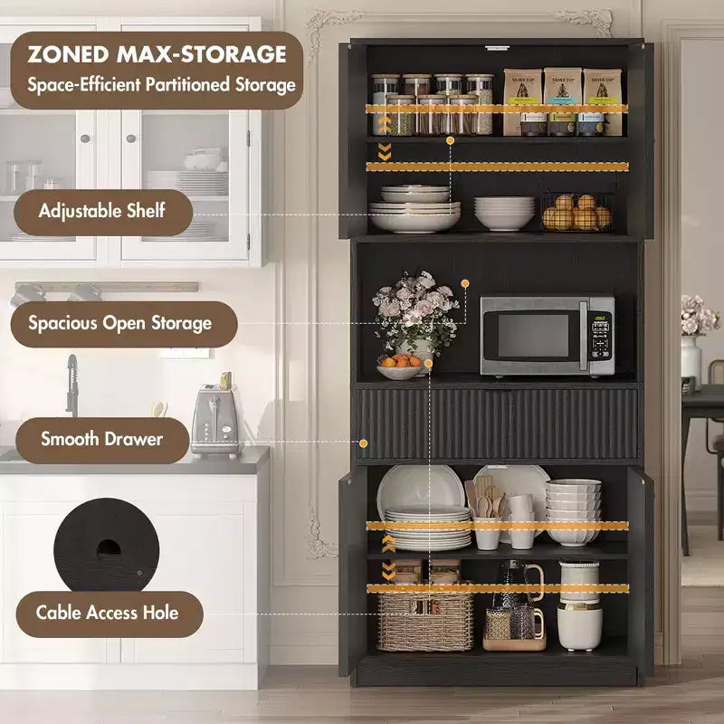 Dispensa alta da cucina, Mobile dispensa da 178 cm con ripiano, Mobili da cucina con ante e cassetto a scanalature, Credenza indipendente