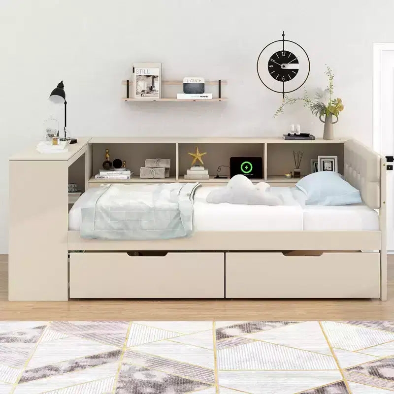 Letto a piattaforma con testiera a libreria angolare e cassetti, Struttura letto in legno con ricarica e testiera imbottita, Crema