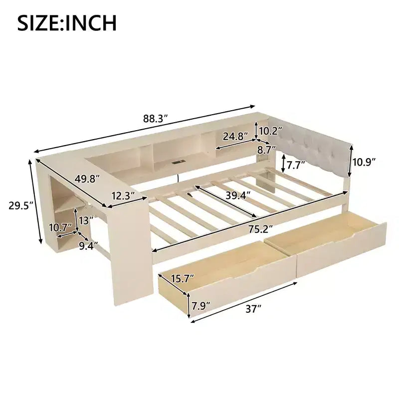 Letto a piattaforma con testiera a libreria angolare e cassetti, Struttura letto in legno con ricarica e testiera imbottita, Crema