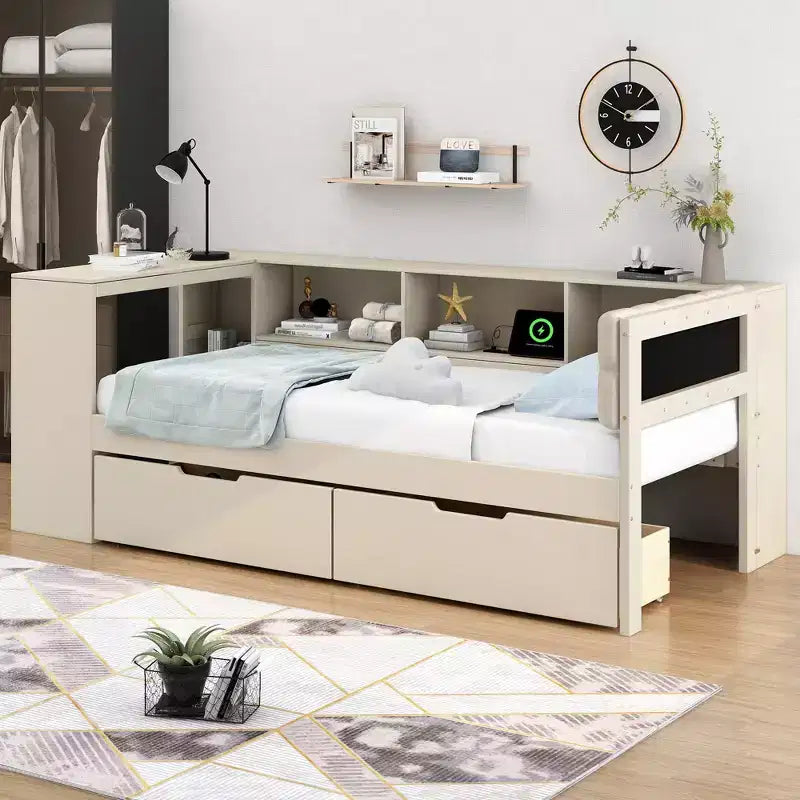 Letto a piattaforma con testiera a libreria angolare e cassetti, Struttura letto in legno con ricarica e testiera imbottita, Crema