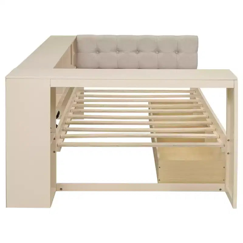 Letto a piattaforma con testiera a libreria angolare e cassetti, Struttura letto in legno con ricarica e testiera imbottita, Crema