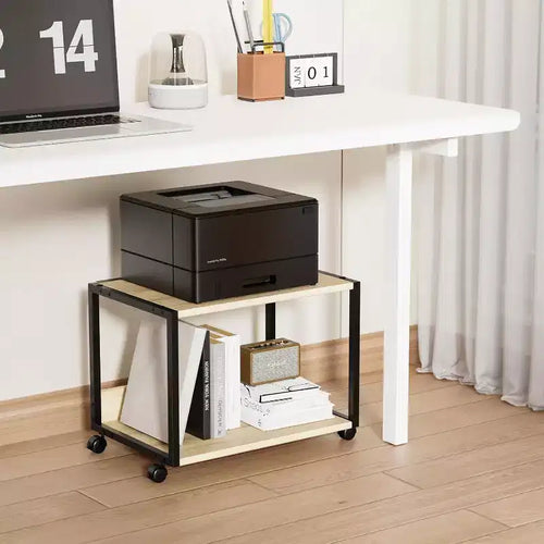 VINGLI 2 Tier Rolling Printer Stand with Storage, Desktop Printer Shelf, Heavy Duty Cart with Wheels Under Desk for Fax Machine Copier Scanner (Oak)
