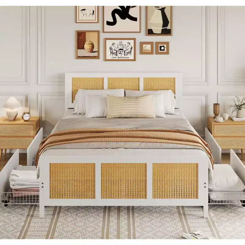 Coolmee Bohemian Rattan Bed Frame with Headboard, Platform Bed Frame with 4 Drawers, Strong Metal Slats Support, No Box Spring Needed