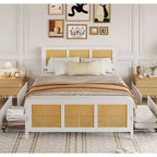 Coolmee Bohemian Rattan Bed Frame with Headboard, Platform Bed Frame with 4 Drawers, Strong Metal Slats Support, No Box Spring Needed