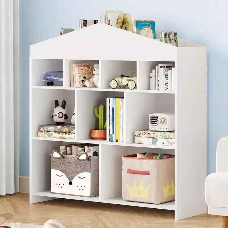 Kids Storage Organizer Bookshelf, 9-Cubby Kids Bookshelf, White Children's Shelf, House Shape Storage Cabinet for Playroom, Kids Room, School