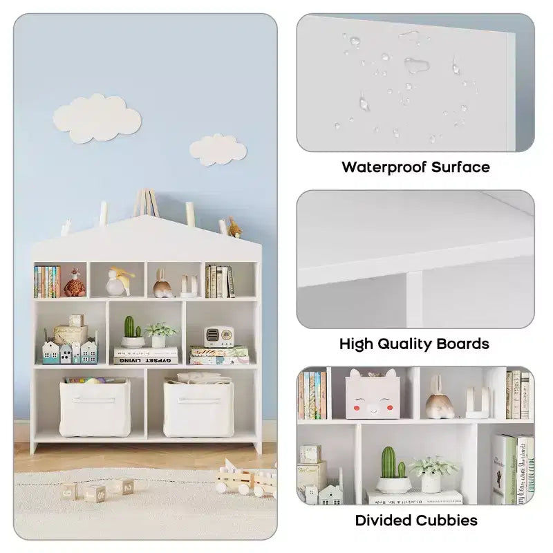 Libreria organizer per bambini, libreria a 9 scomparti per bambini, scaffale bianco per bambini, armadietto portaoggetti a forma di casetta per sala giochi, cameretta, scuola
