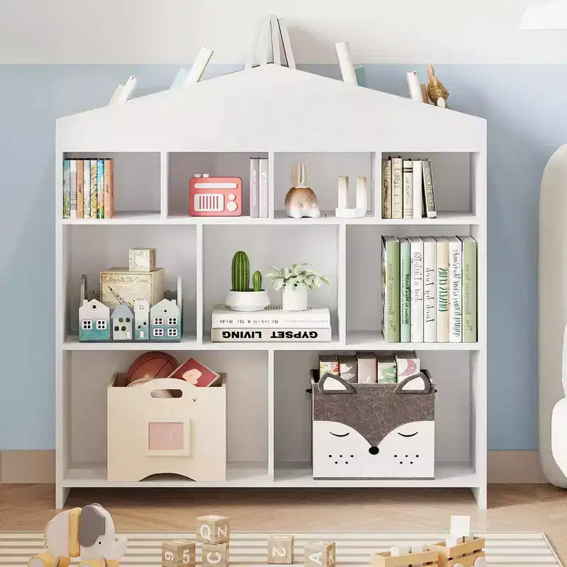 Libreria organizer per bambini, libreria a 9 scomparti per bambini, scaffale bianco per bambini, armadietto portaoggetti a forma di casetta per sala giochi, cameretta, scuola