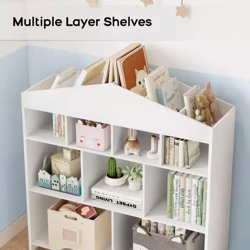 Libreria organizer per bambini, libreria a 9 scomparti per bambini, scaffale bianco per bambini, armadietto portaoggetti a forma di casetta per sala giochi, cameretta, scuola