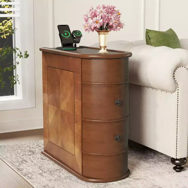 Whisen End Table, Sofa Side Table with Charging Station, 3 Drawers Storage, No Assembly Required