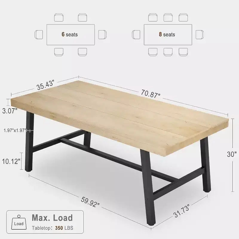 Tavolo da Pranzo Industriale 70,87" per 6-8 Persone, Tavolo da Pranzo Rettangolare con Gambe in Metallo, Tavolo Lungo da Cucina in Legno
