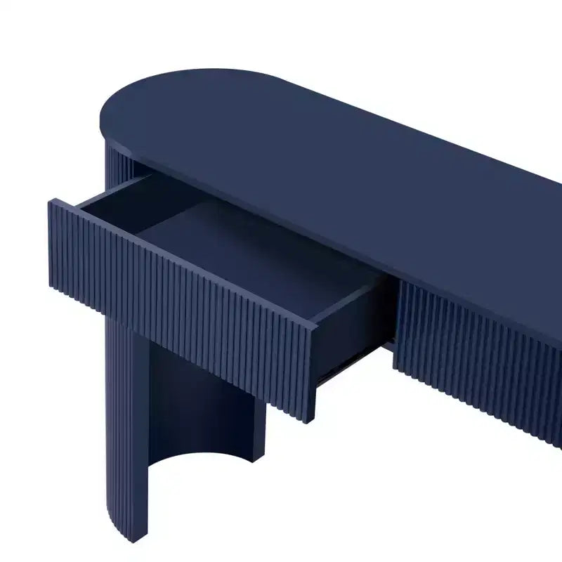 Consolle scanalata con contenitore, tavolo da ingresso moderno in legno con cassetti e piano ovale per ingresso e soggiorno