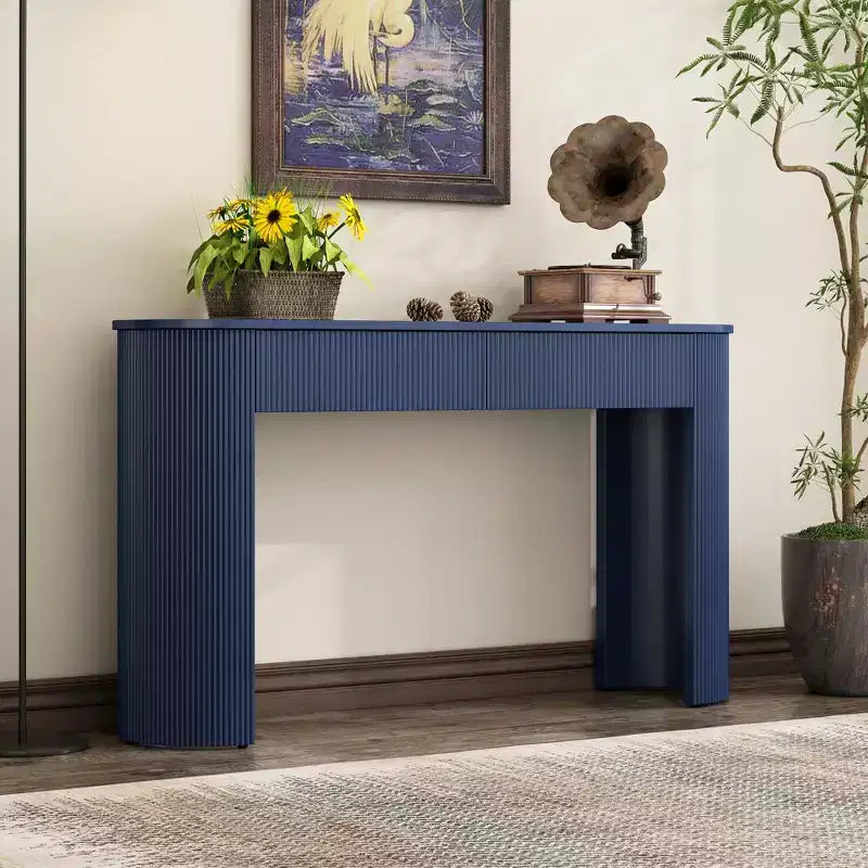 Consolle scanalata con contenitore, tavolo da ingresso moderno in legno con cassetti e piano ovale per ingresso e soggiorno