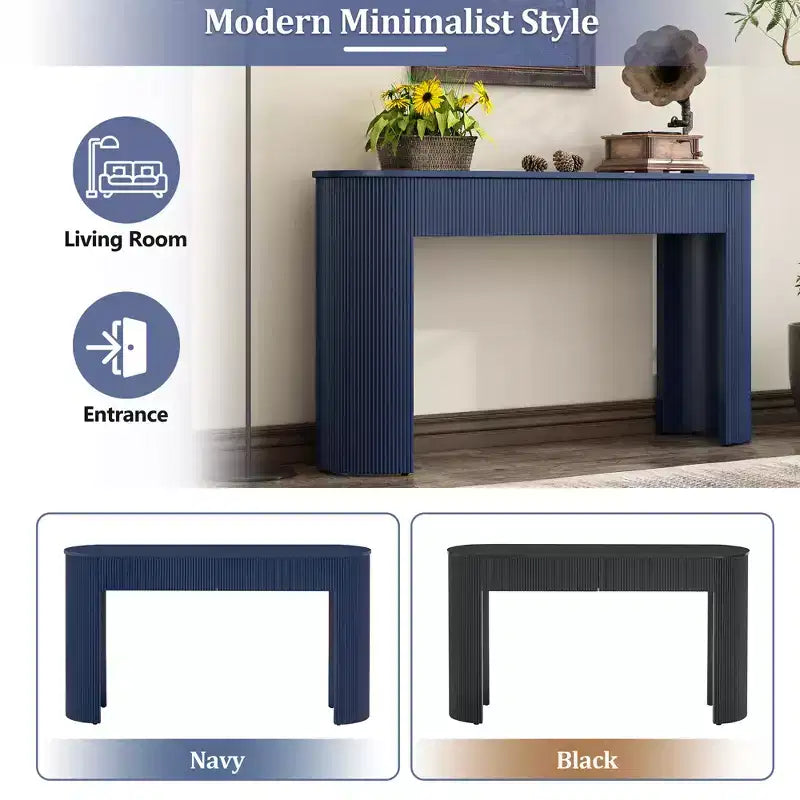 Consolle scanalata con contenitore, tavolo da ingresso moderno in legno con cassetti e piano ovale per ingresso e soggiorno