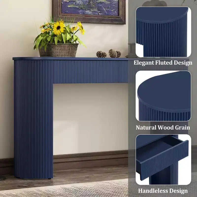 Consolle scanalata con contenitore, tavolo da ingresso moderno in legno con cassetti e piano ovale per ingresso e soggiorno