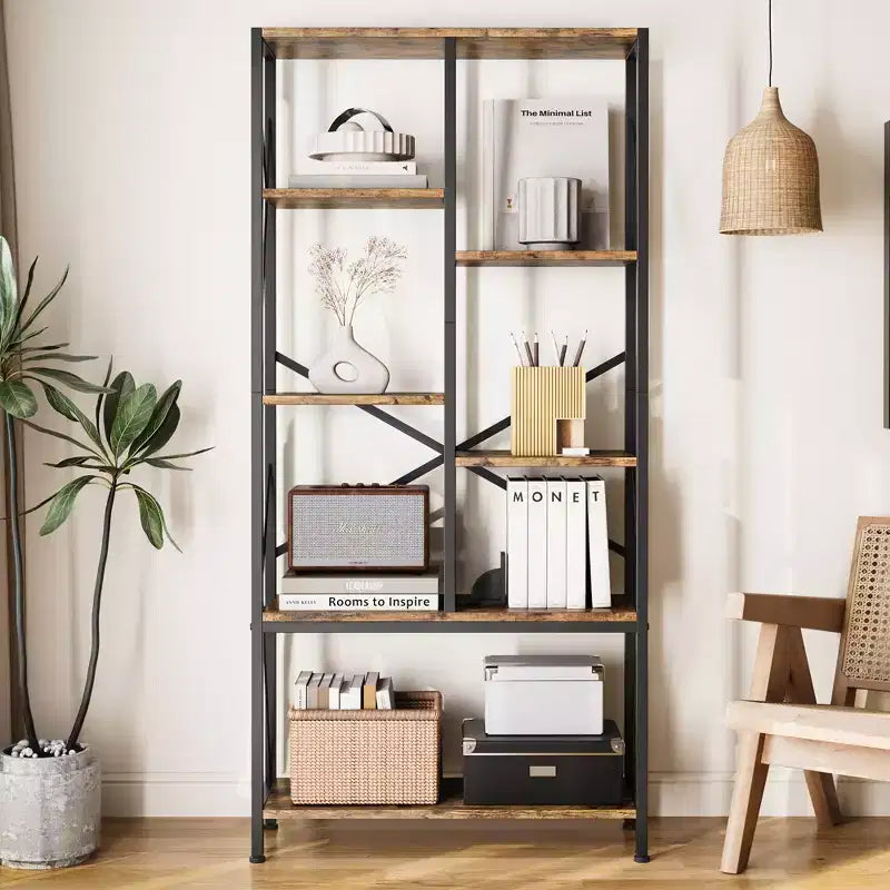 Bookshelf 5 Tier Bookcase Industrial Storage Shelf Vintage Display Rack with Open Shelves Rustic Standing Bookshelves Metal Frame for Living Room