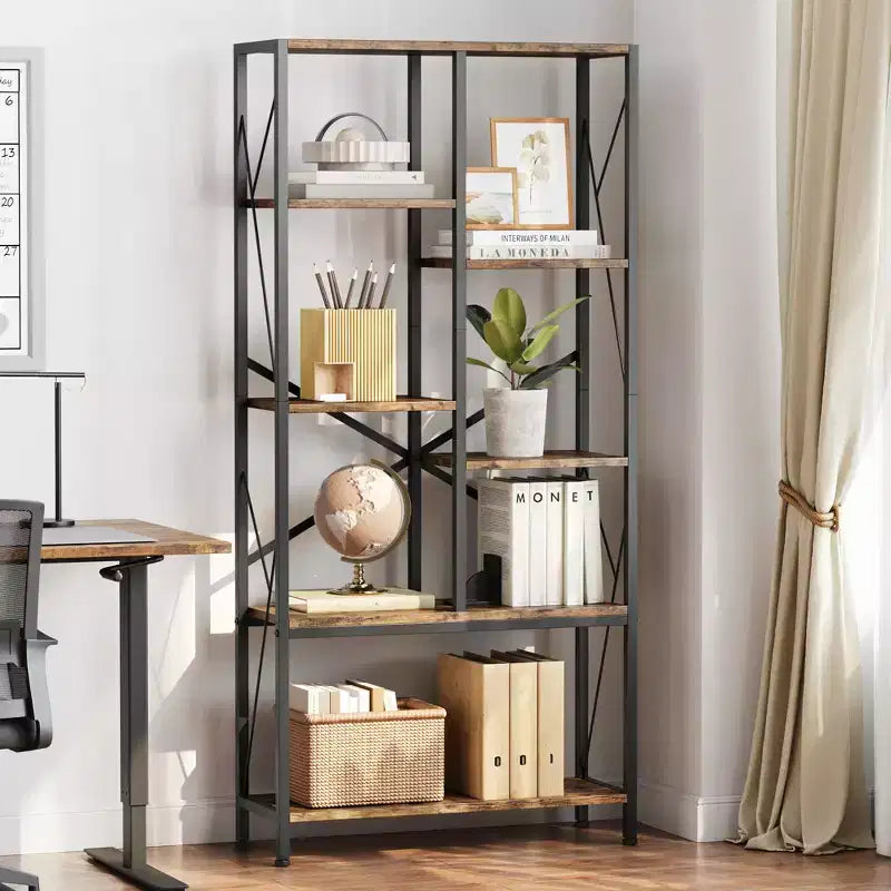 Libreria a 5 livelli, scaffale portaoggetti industriale, espositore vintage con ripiani aperti, librerie rustiche in metallo per soggiorno