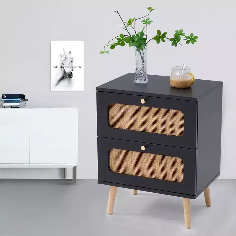 Rattan Bedside Table, 2 Handmade Rattan Drawers Farmhouse Wooden Side Table, Small Night Stand for Living Room, Bedroom, Office, Study Room