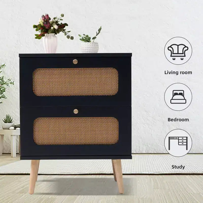 Comodino in Rattan, Tavolino Laterale in Legno Stile Rustico con 2 Cassetti in Rattan Fatti a Mano, Comodino Piccolo per Soggiorno, Camera da Leto, Ufficio, Studio