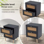 Comodino in Rattan, Tavolino Laterale in Legno Stile Rustico con 2 Cassetti in Rattan Fatti a Mano, Comodino Piccolo per Soggiorno, Camera da Leto, Ufficio, Studio