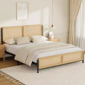 COZONY Natural Wood Bed Frame with Rattan Headboard, Boho King Size Platform Bed No Box Spring Needed