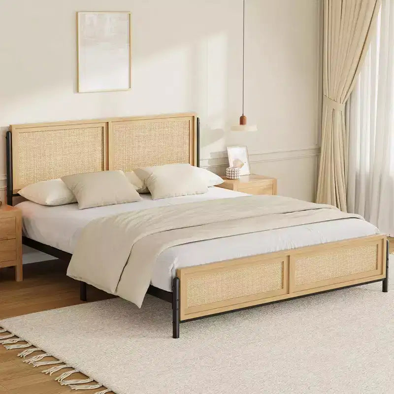 COZONY Natural Wood Bed Frame with Rattan Headboard, Boho King Size Platform Bed No Box Spring Needed