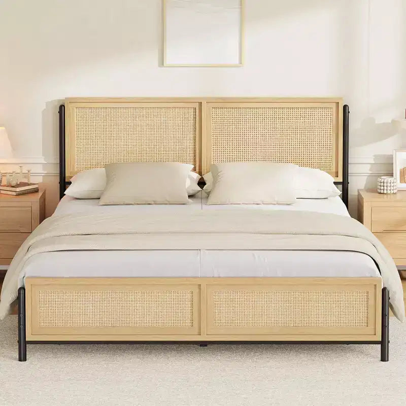 Struttura letto in legno naturale con testiera in rattan