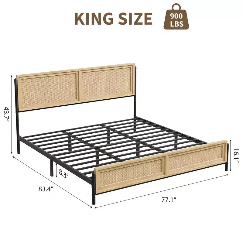 Struttura letto in legno naturale con testiera in rattan